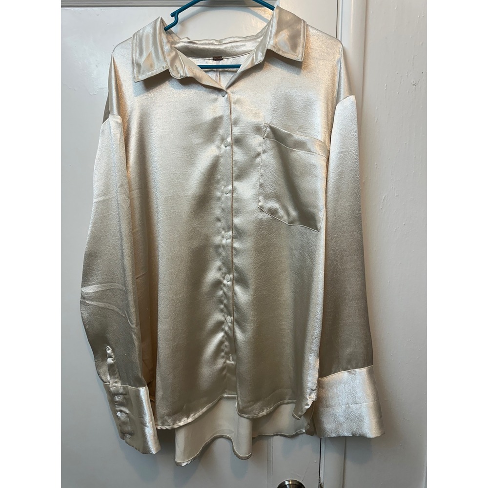Free People Blair Satin Button Down Shirt Champagne Cream Oversized XL OB1823355